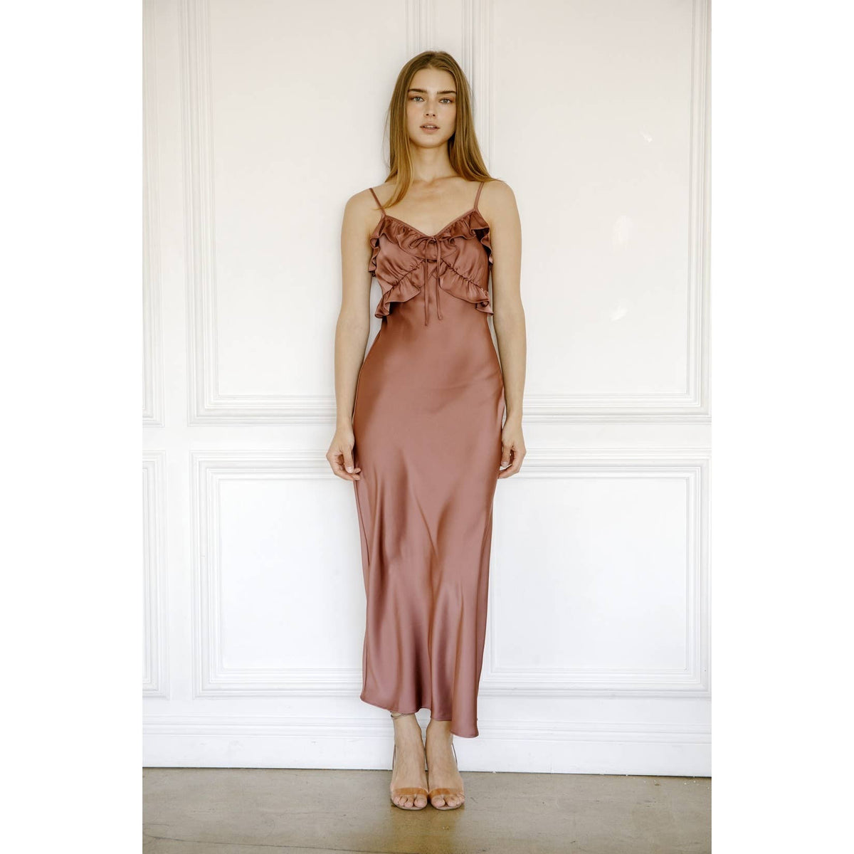 Satin Ruffled Slip Midi Dress