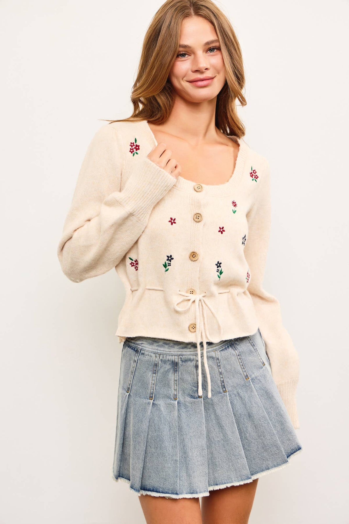 Embroidered Flower Tie Waist Sweater