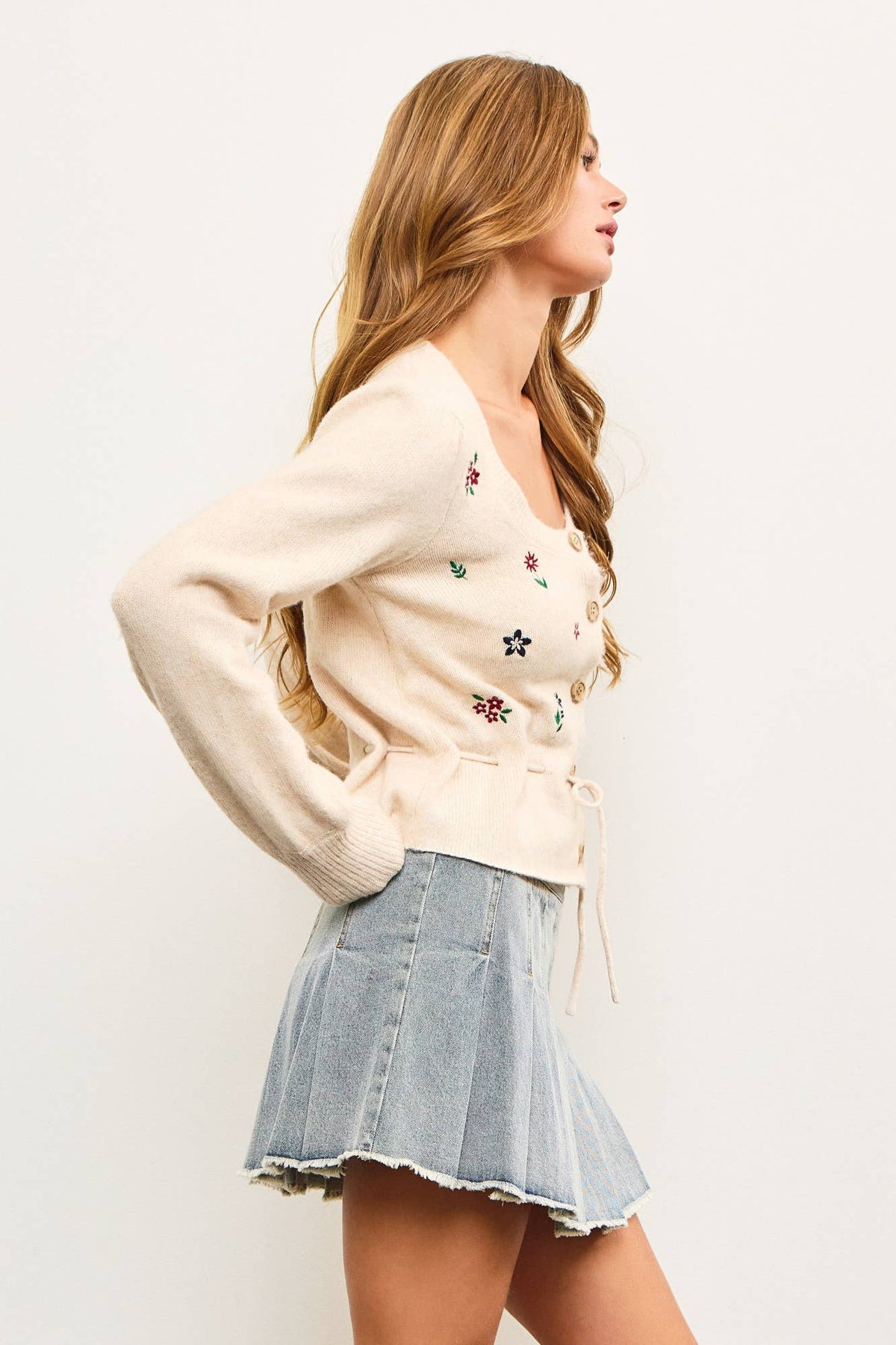 Embroidered Flower Tie Waist Sweater