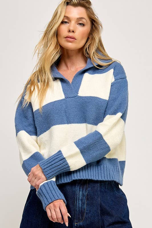 Striped Knit Polo Sweater