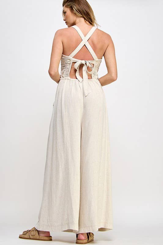 Ruched Cross Back Tie Jumpsuit