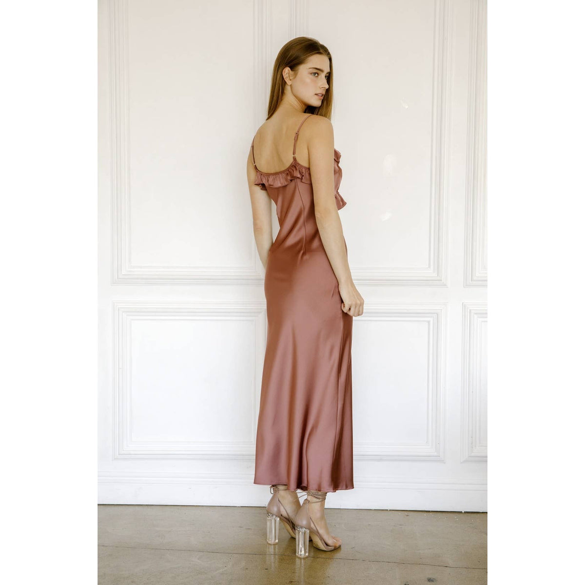 Satin Ruffled Slip Midi Dress