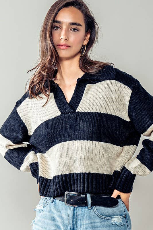 Striped Ribbed Knit Collared Sweater