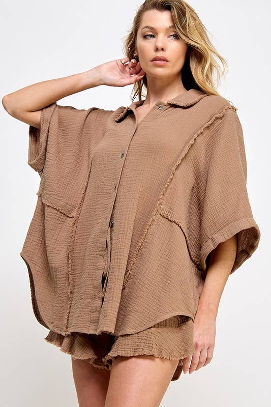 Frayed Hem Gauze Shirt