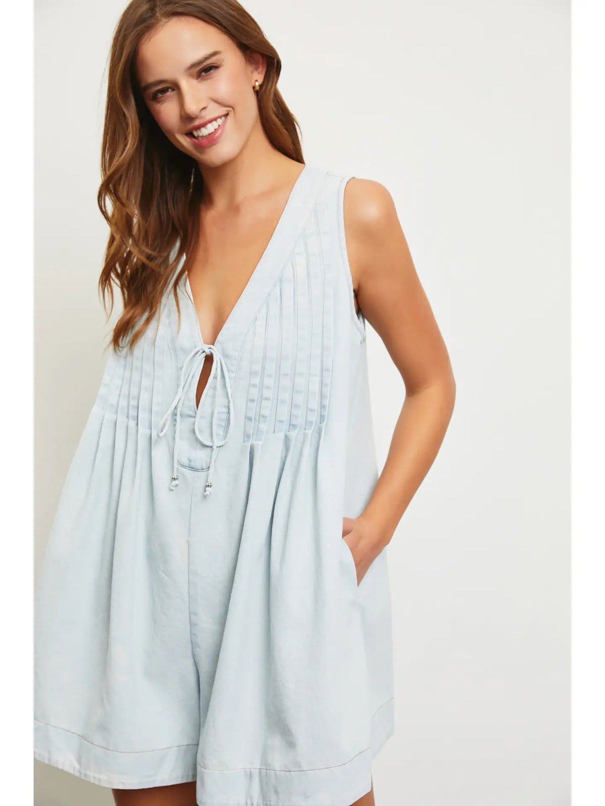 Pleated Tie Denim Romper