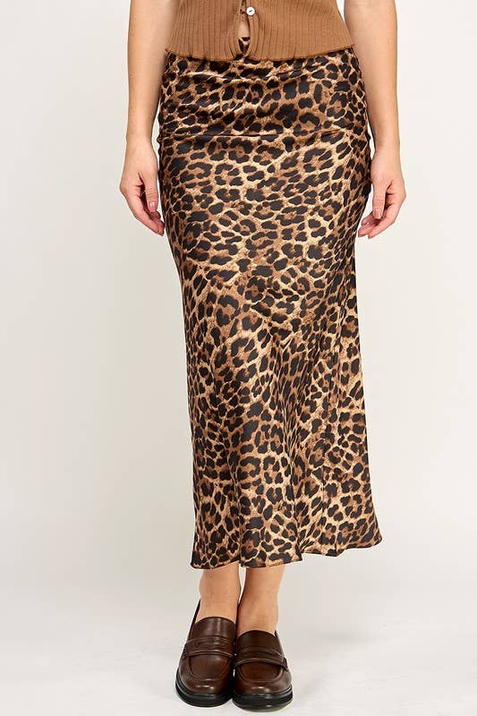 Leopard Satin Midi Skirt