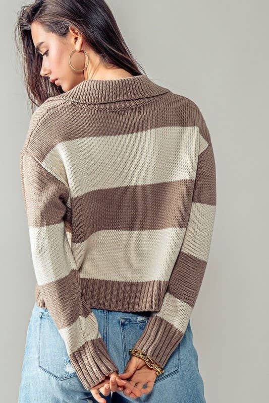 Striped Ribbed Knit Collared Sweater