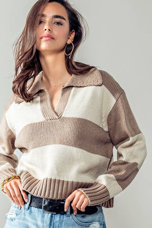 Striped Ribbed Knit Collared Sweater