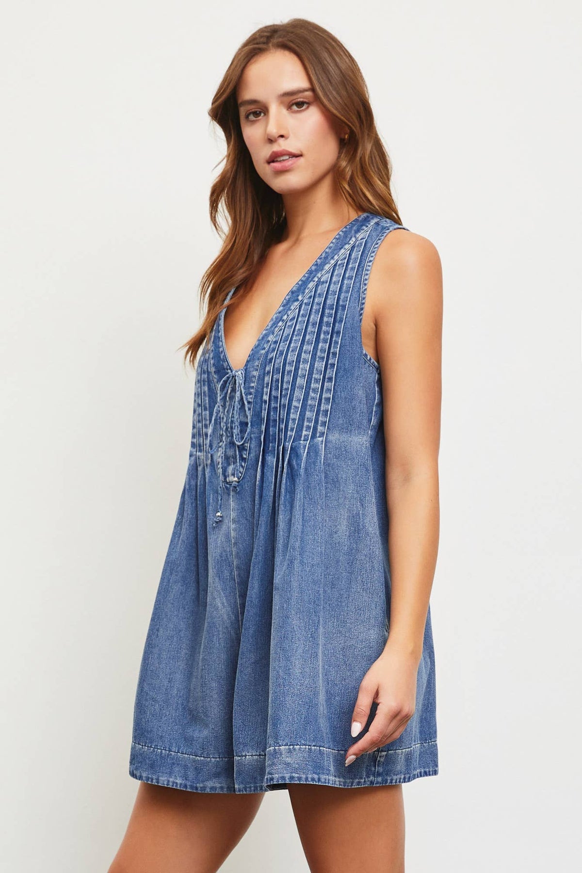 Pleated Tie Denim Romper