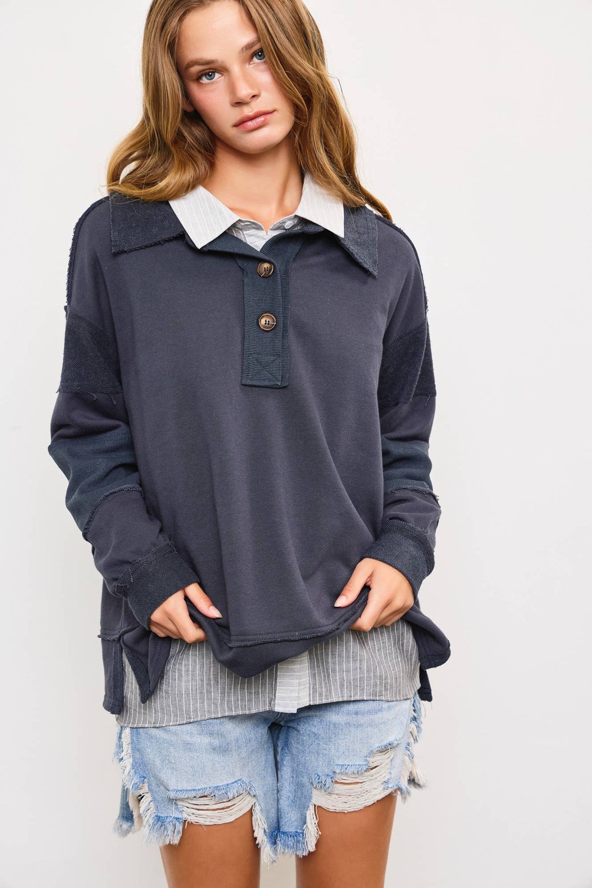 Quarter Button Up Detail Top