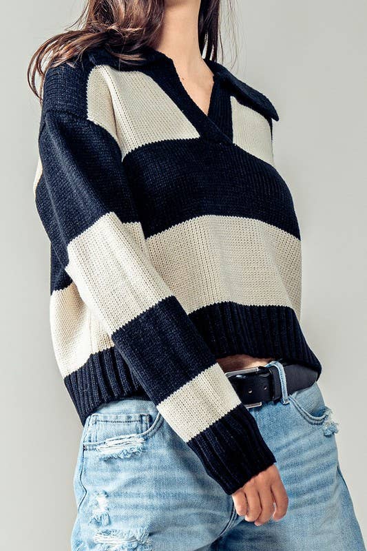 Striped Ribbed Knit Collared Sweater