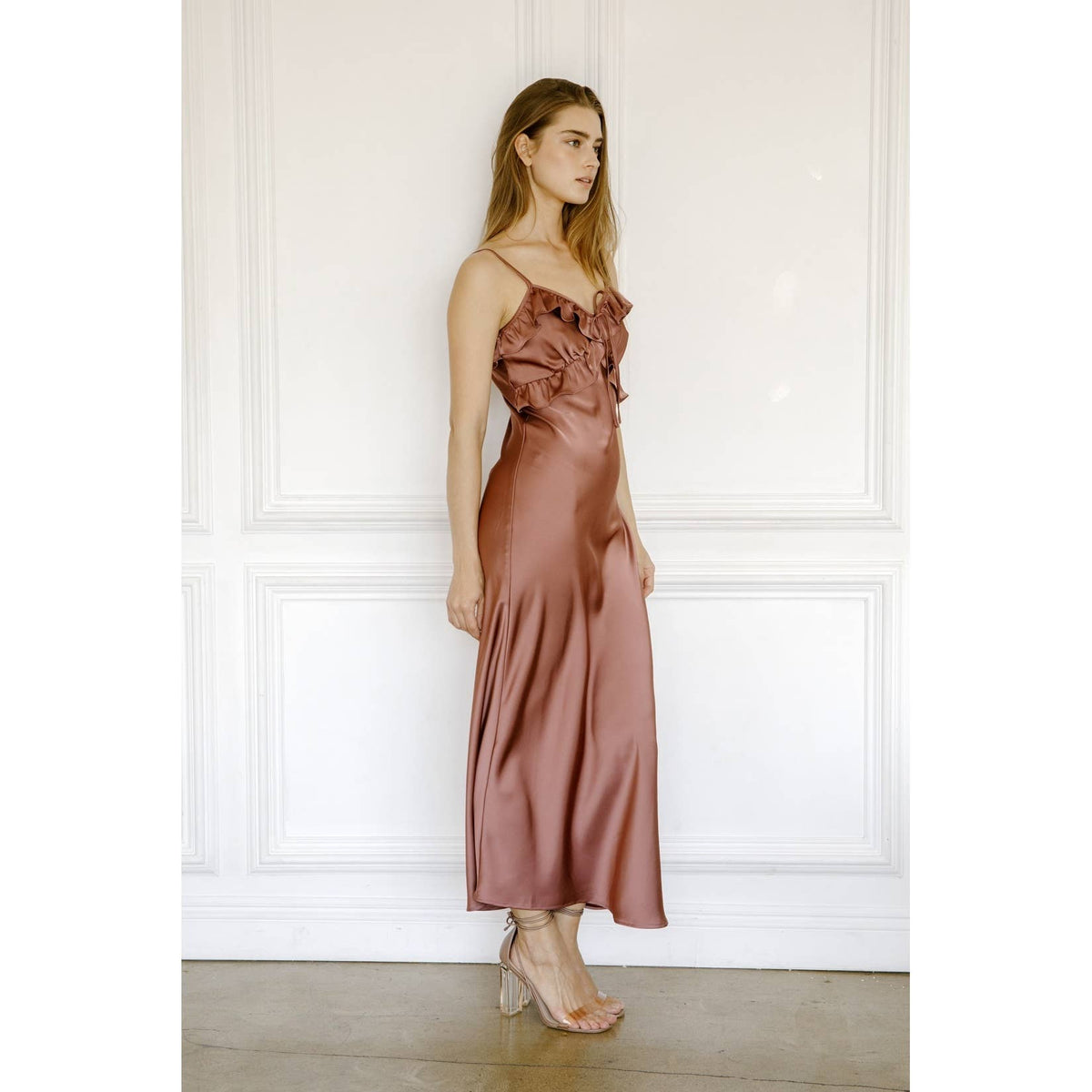 Satin Ruffled Slip Midi Dress