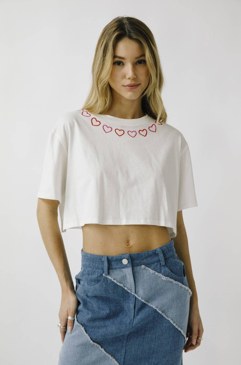 Heart Embroidered Cropped T-Shirt