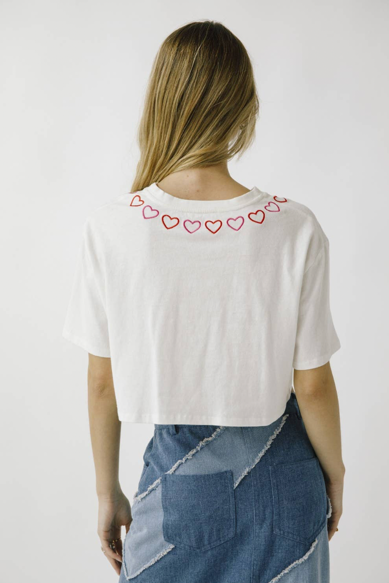 Heart Embroidered Cropped T-Shirt