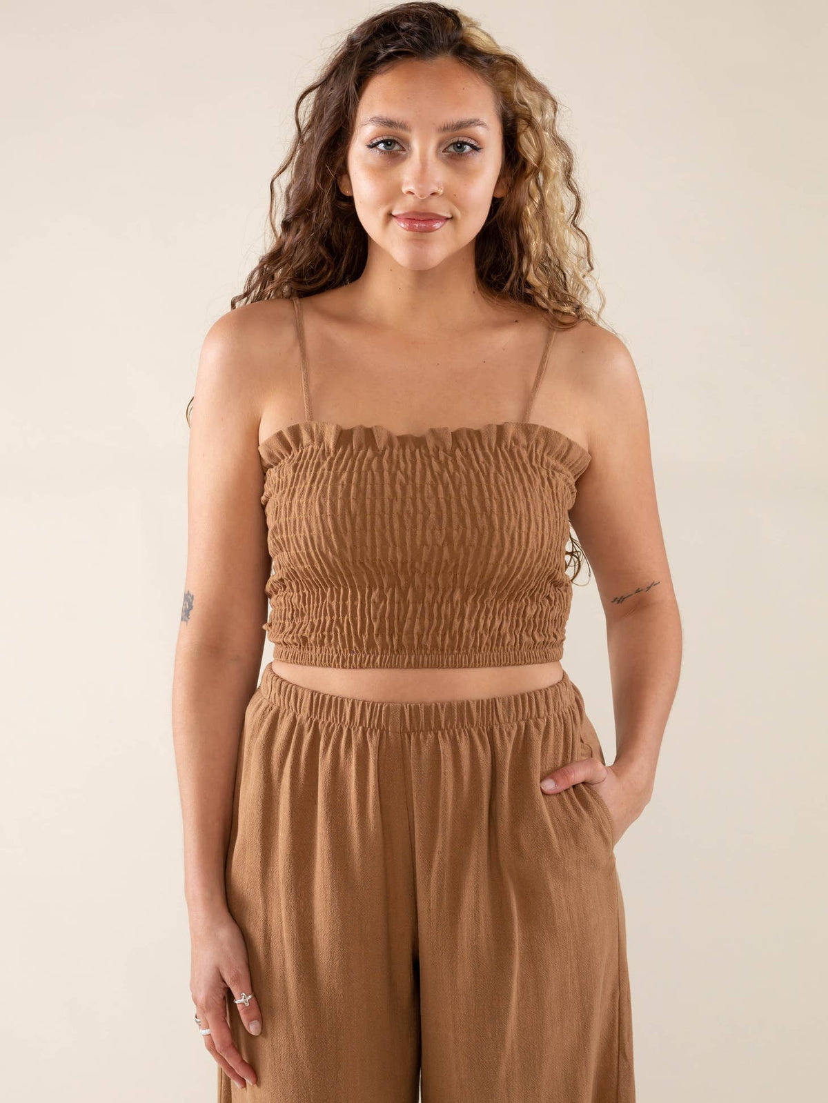 Shirred Linen Bandeau Top