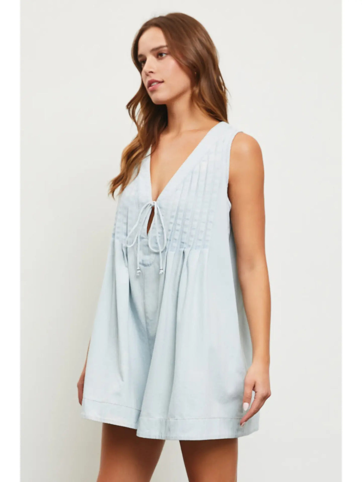 Pleated Tie Denim Romper