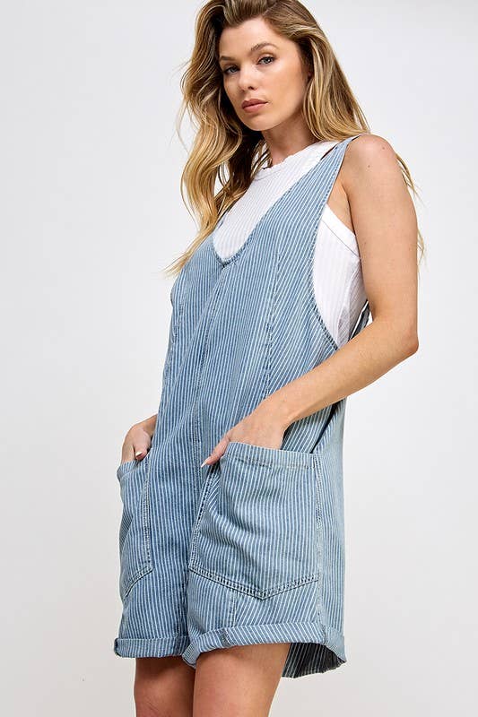 Striped Denim High Roller Romper