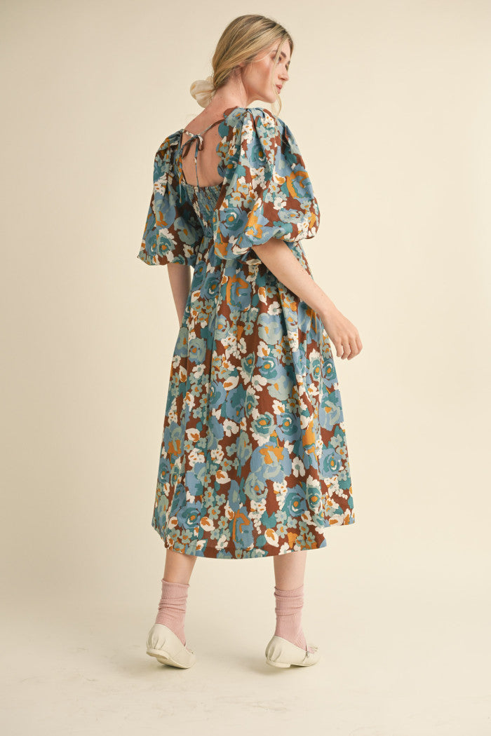 Bubble Sleeve Floral Midi Dress