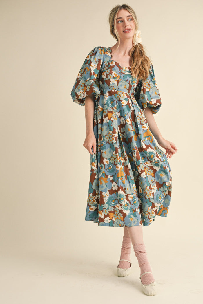 Bubble Sleeve Floral Midi Dress