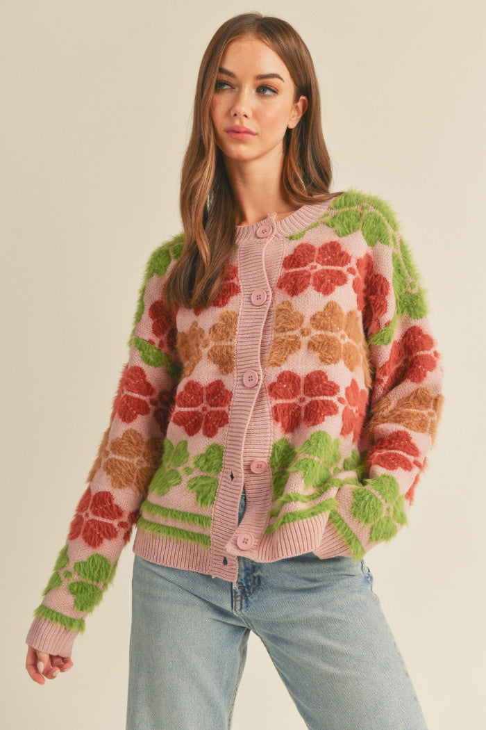 Floral Shaggy Sweater Cardigan