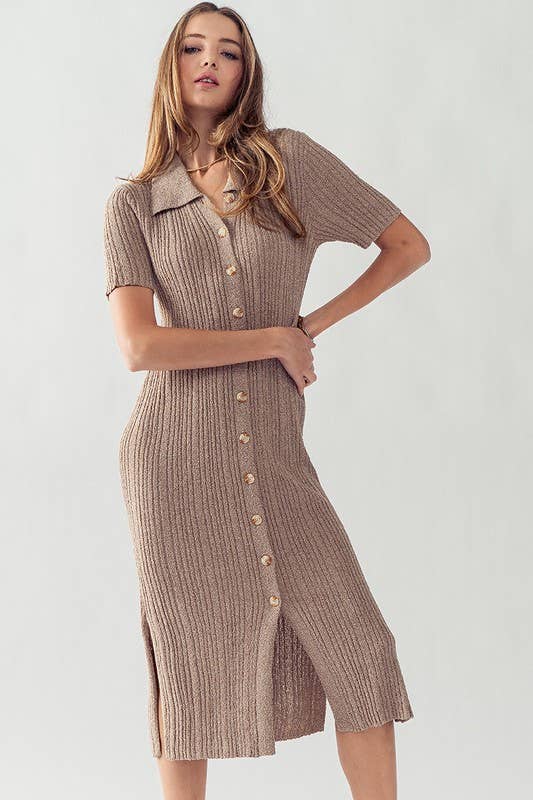 Collared Rib Knit Midi Dress